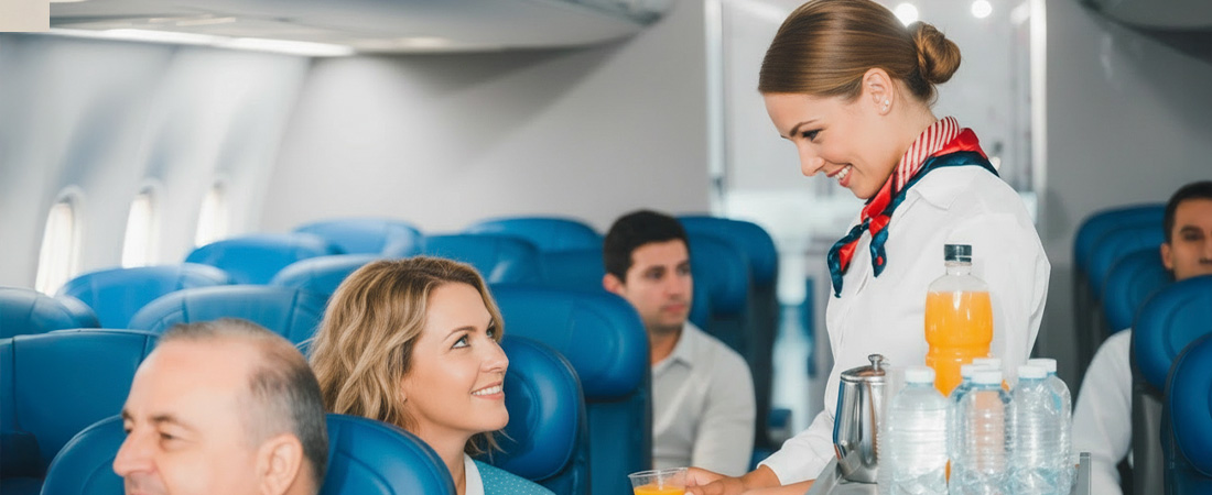 Azafata atiende amablemente a un pasajero en su asiento.