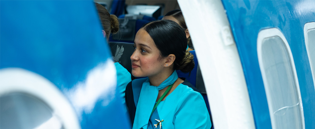 Azafata de vuelo observando desde la puerta del avión