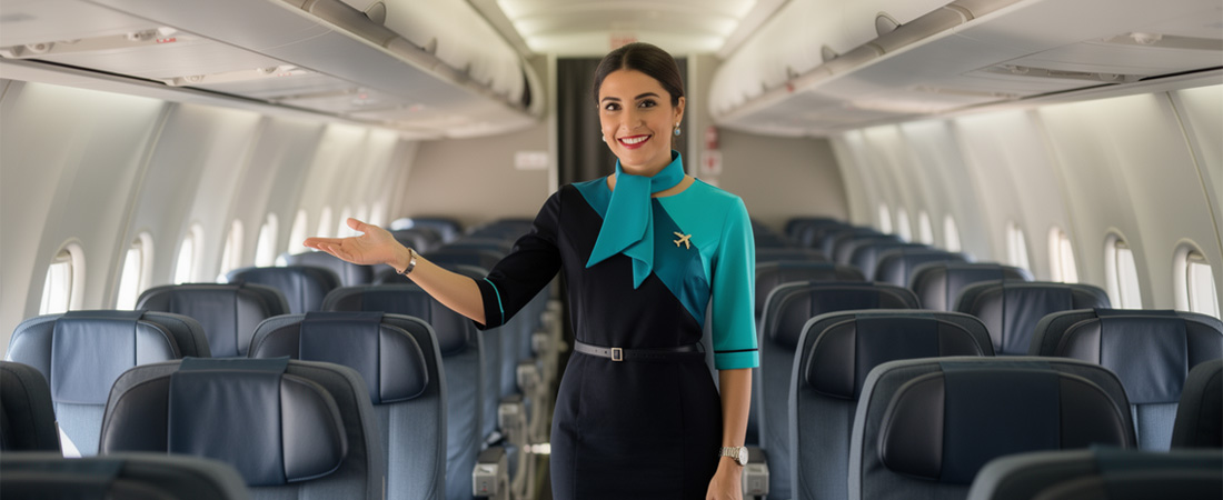 Una azafata sonriente con uniforme posa en el pasillo de un avión vacío, haciendo un gesto de bienvenida con la mano.
