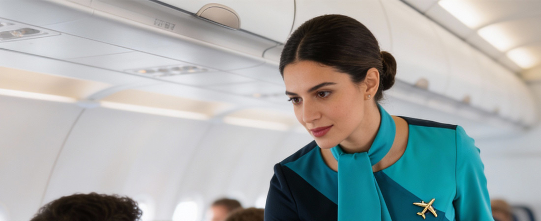 Primer plano de una tripulante de cabina inclinada ligeramente hacia un pasajero.